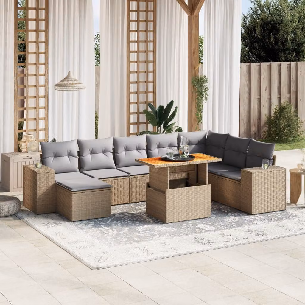 vidaXL Set Divano da Giardino 9 pz a Forma di L in Polyrattan Beige con Cuscini e Tavolino – 1