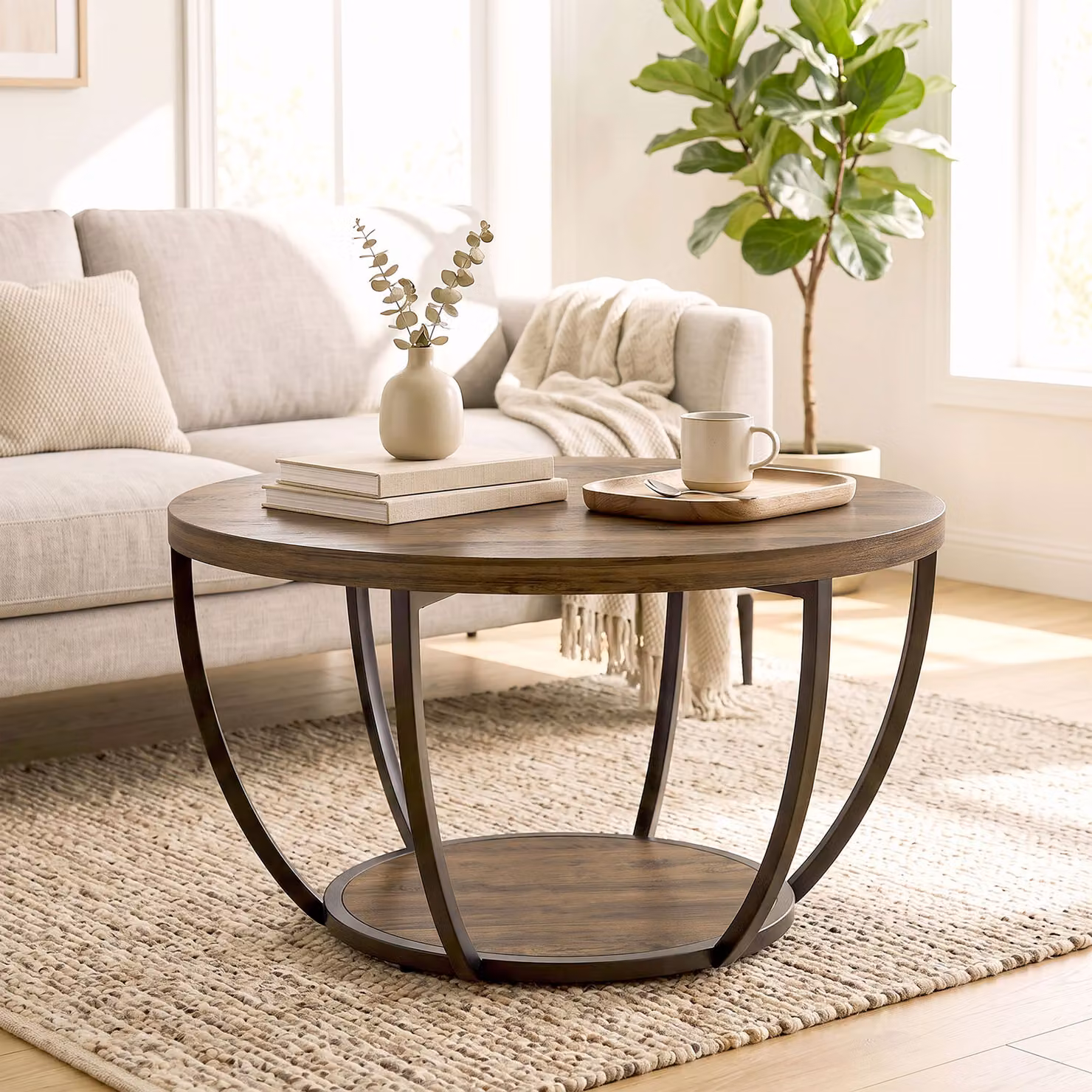 Tavolino da soggiorno rotondo HOMCOM con 2 ripiani, marrone e nero, L: 80 cm, P: 80 cm, H: 43,8 cm – 2