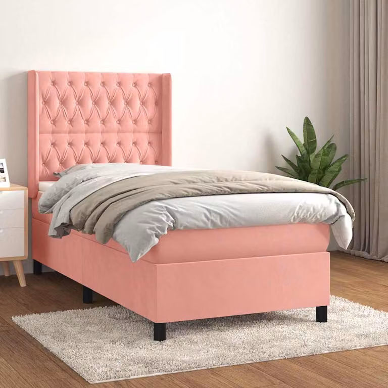 vidaXL Giroletto a Molle con Materasso in Velluto Rosa e Bianco, L/P: 100 x 200 cm