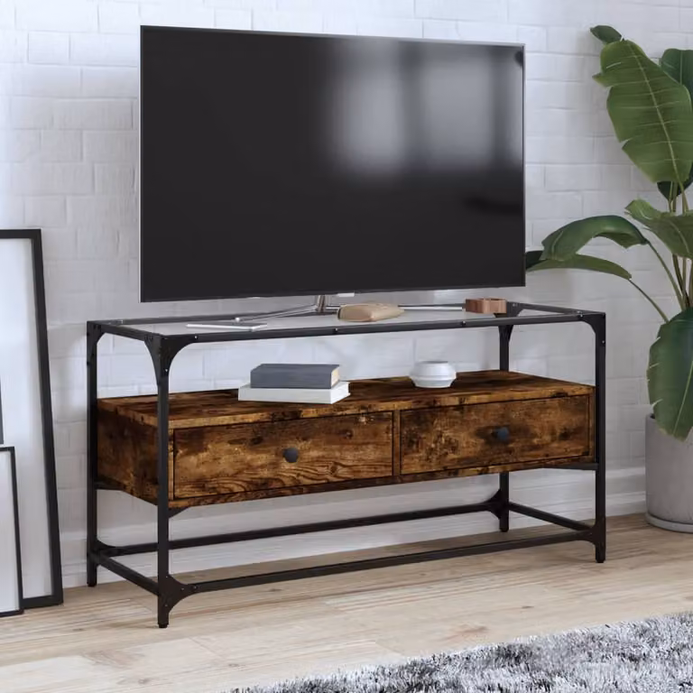 Mobile TV vidaXL in stile industriale con piano in vetro e legno rovere fumo, L 98 cm x P 35 cm x H 51 cm