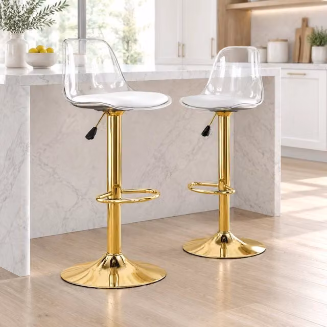 Set di 2 sgabelli da bar regolabili in altezza con schienale trasparente e gambe in metallo color oro, altezza 82-104 cm, seduta girevole a 360°