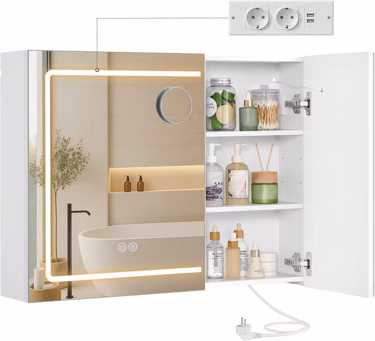 Specchio da bagno con illuminazione e presa di corrente, 80 cm, bianco