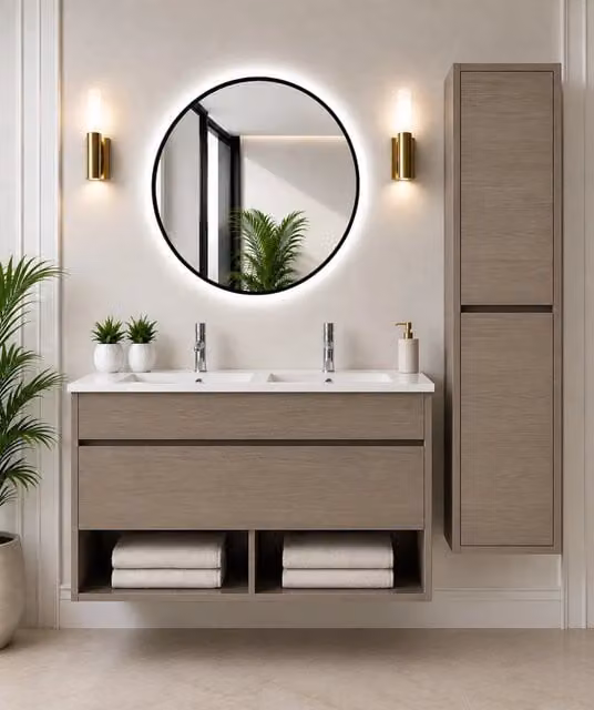 Mobile bagno sospeso con lavabo ORIGENBATH NEBARI con cassetto con colonna 120x45 cm doppio lavabo rovere smoky con colonna