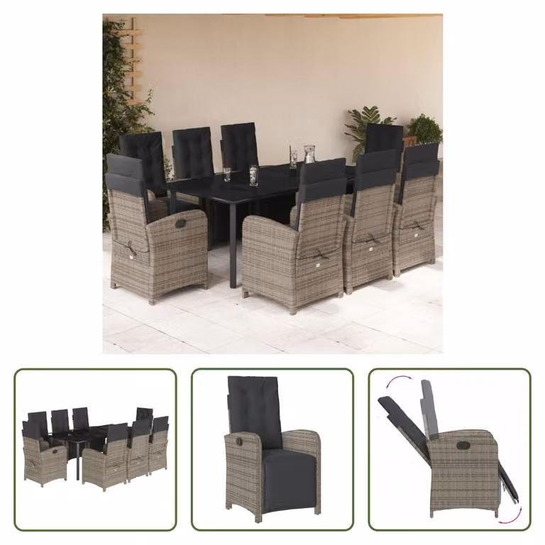 The Living Store Set da pranzo da giardino 9 pezzi con cuscini in poly rattan grigio