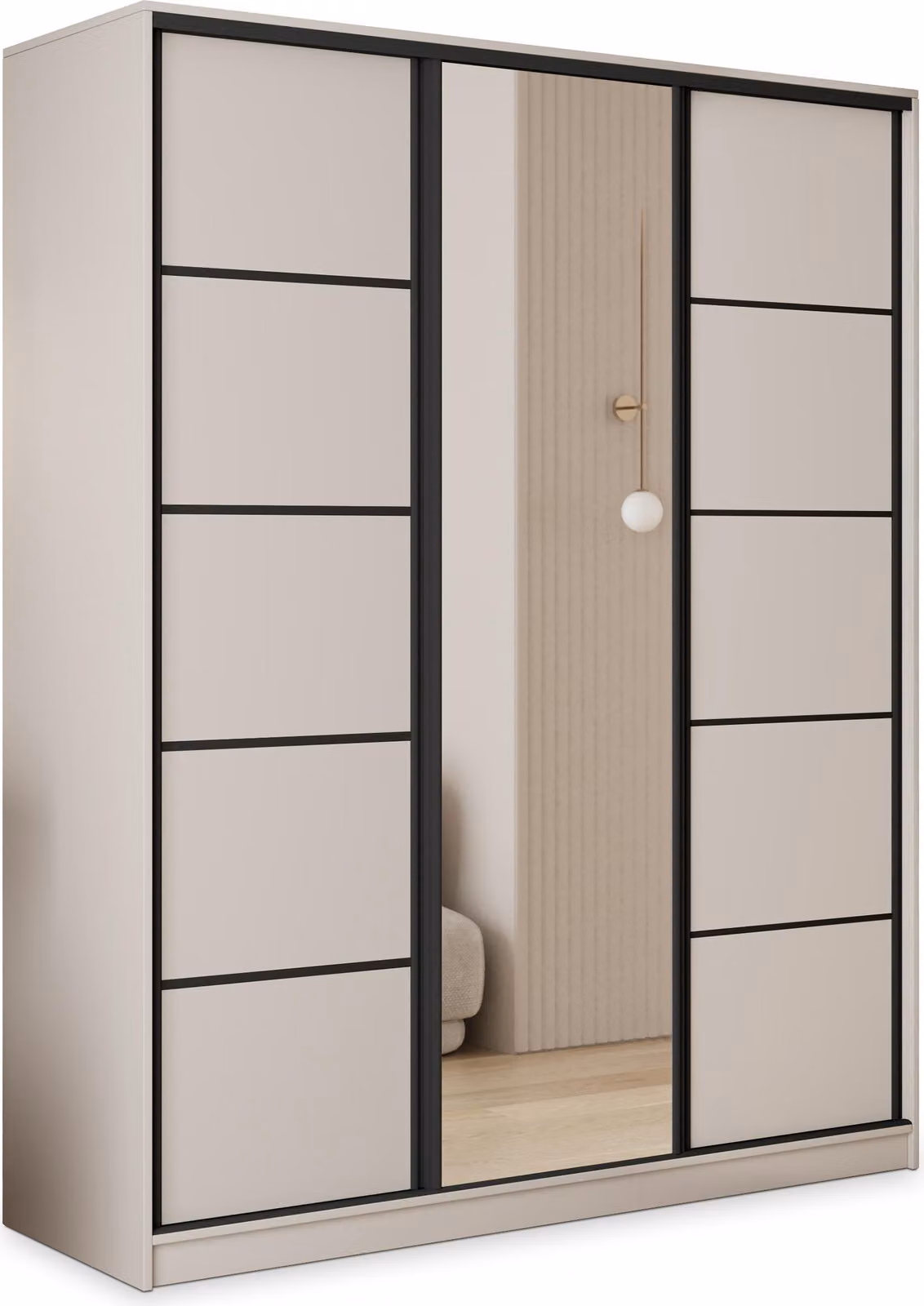 Masseno Armadio a porte scorrevoli PINA 150/205/58 cm Armadio con 4 cassetti Armadio da camera da letto a 3 ante con specchio Colore cashmere