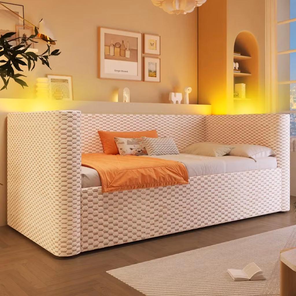 Letto singolo contenitore Chicfurn in velluto beige con illuminazione LED e meccanismo idraulico L/P/H: 200 x 90 x 34 cm – 2