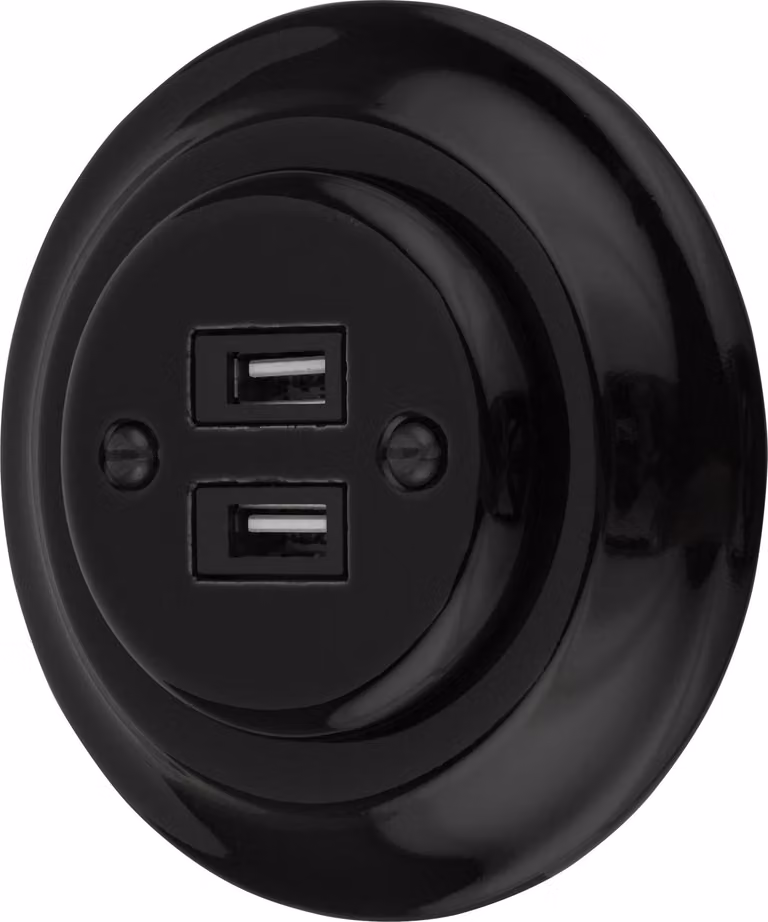 Presa di corrente USB retrò in porcellana da incasso a 2 pieghe I PR1 nero