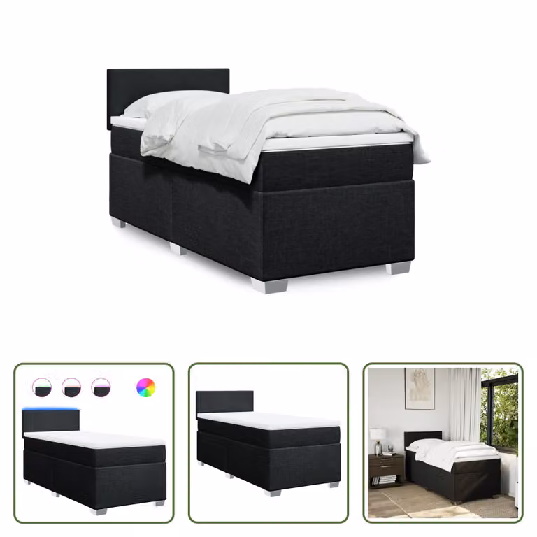 The Living Store Letto a molle con materasso nero 90x190 cm in tessuto