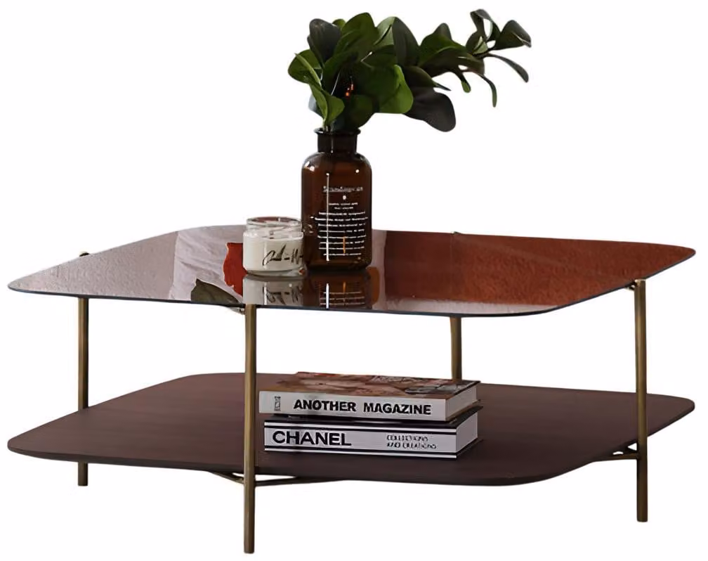 Moderne Braun Couchtisch mit Glasplatte und Holzregal Goldrahmen Möbel