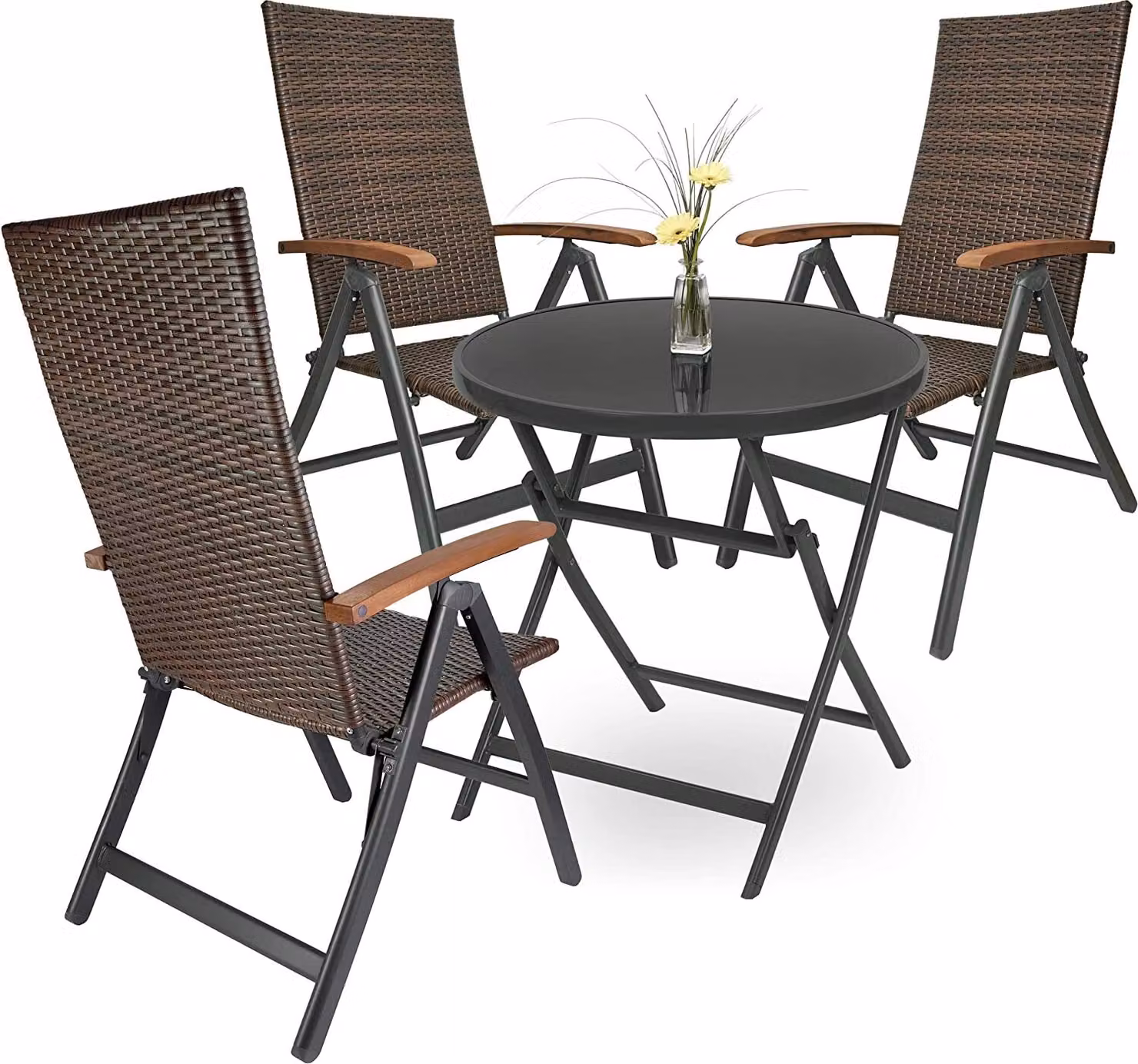 Gruppo da giardino Brubaker Modena - 1 tavolo pieghevole in vetro rotondo 70 cm Ø con 3 sedie in polyrattan - resistente alle intemperie - marrone/antracite