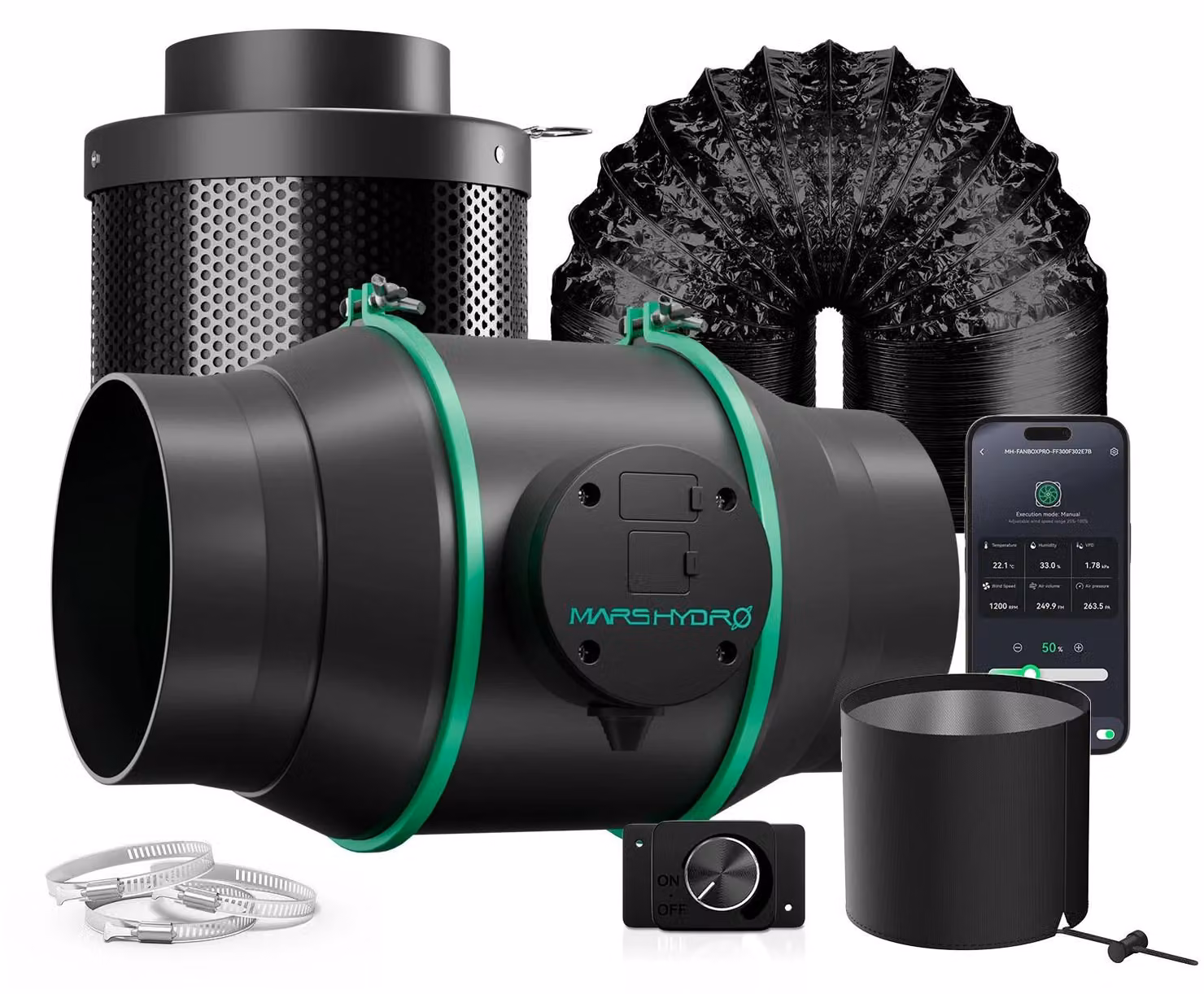 Kit di ventilazione per grow box: ventola con condotto - 10 cm - 3000 giri/min - 12 V - regolatore di velocità - filtro a carbone attivo - condotto dell'aria da 7,6 metri
