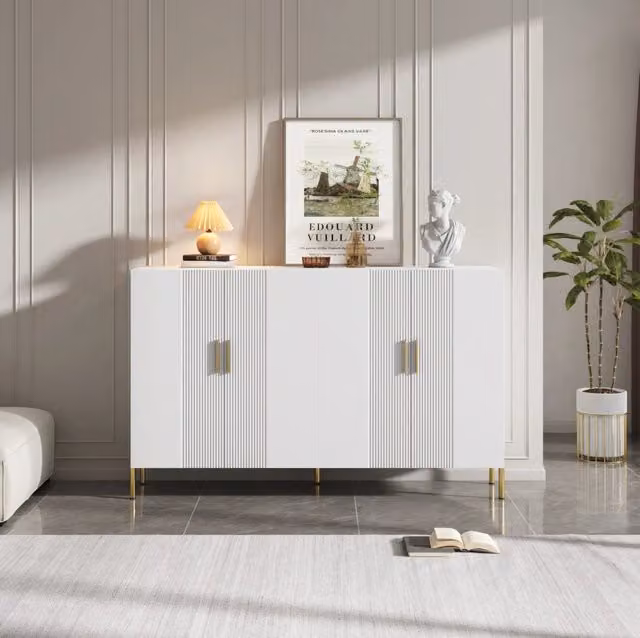 Credenza ULEVR 160x35x100 cm con 4 ante e 4 ripiani regolabili, mobile contenitore bianco e oro