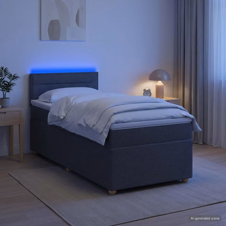 Letto a molle insacchettate "Maison Exclusive" con materasso e illuminazione LED, colore grigio scuro, dimensioni 90 x 190 cm, rivestito in tessuto