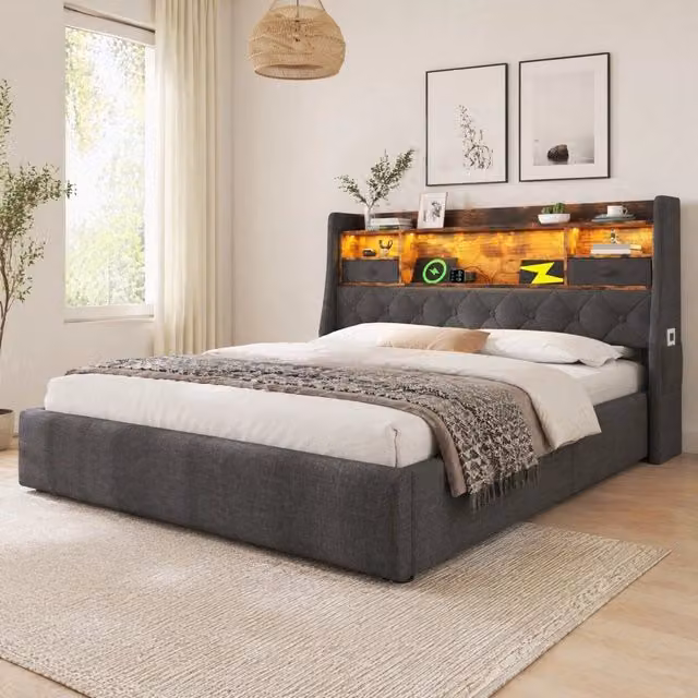 Letto imbottito 180x200 cm grigio con contenitore idraulico, LED e ricarica USB/Type-C
