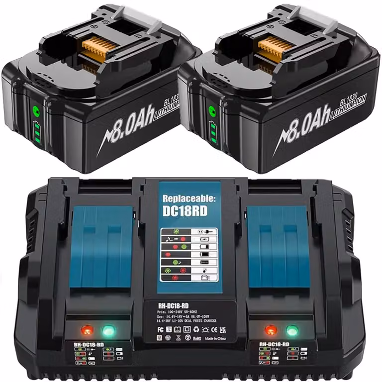 Batteria di ricambio per utensili elettrici - Set di batterie agli ioni di litio da 18V - Capacità di 8000mAh - 2 batterie - Caricabatterie rapido da 6A - Compatibile con i modelli BL1830, BL1815, BL1860, BL1840