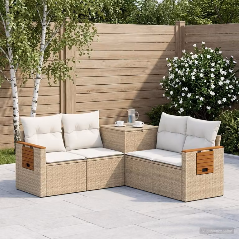 Set di divani da giardino vidaXL a forma di L in polyrattan con cuscini beige e bianco crema
