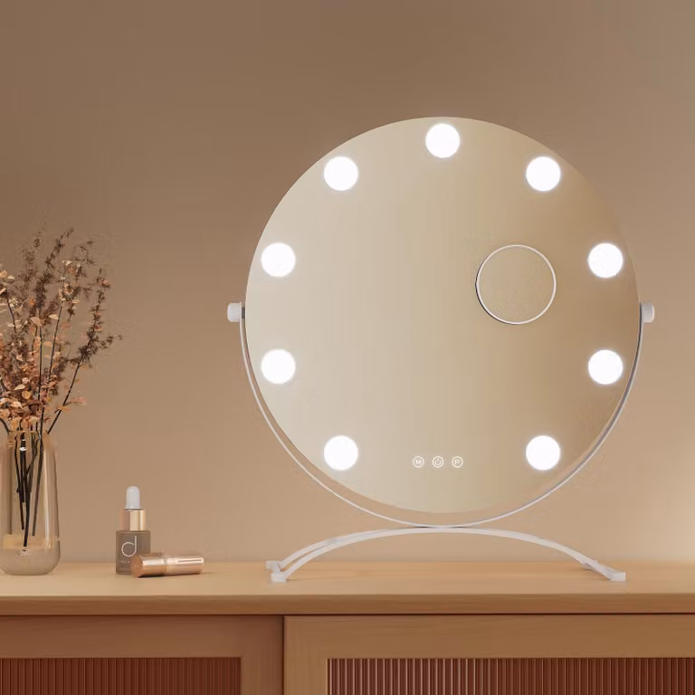 Specchio cosmetico EMKE Hollywood 47X40cm Specchio da trucco rotondo con illuminazione a LED e ingrandimento 7x, 3 colori di luce dimmerabili, bianco