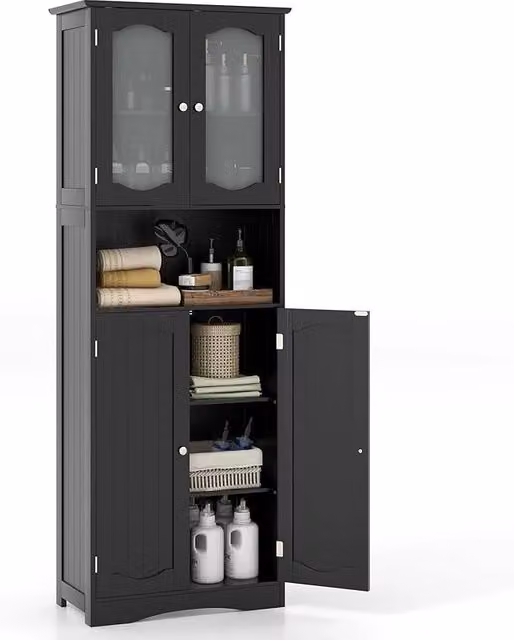 Armadietto Salvaspazio 60 x 30 x 164cm, Mobile Bagno con Scomparti Aperti, Ripiani Regolabili e 2 Porte in Vetro Temprato, Armadio da Bagno per Ufficio, Soggiorno e Camera da Letto (Nero)