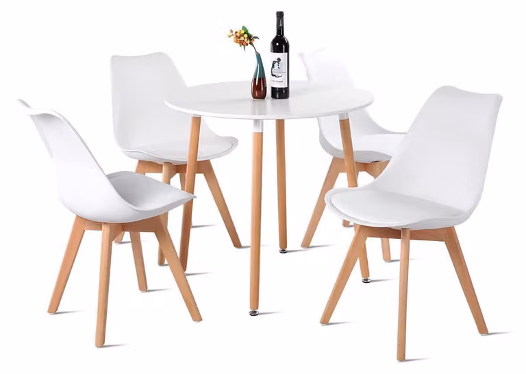Tavolo rotondo in legno di stile scandinavo con 4 sedie, diametro 80 cm, colore bianco