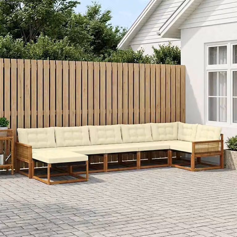 Set di divani da esterno vidaXL a forma di L composto da 7 pezzi in legno di acacia con cuscini beige e bianchi per giardino e terrazza