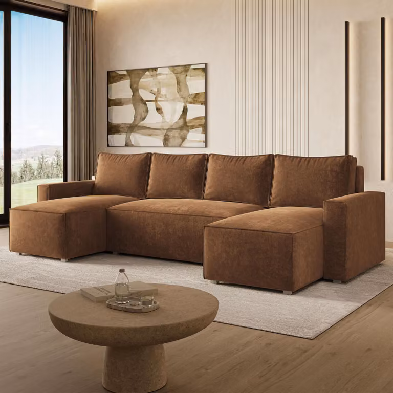 Divano ad angolo Masseno ASPRA LM con funzione letto a U, divano con contenitore, divano da salotto, divano, divano letto, set divani - Marrone, LUMO 35