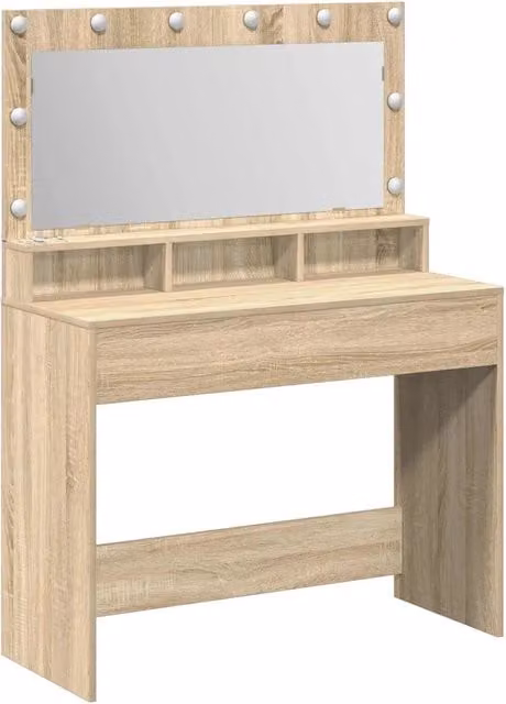 Toeletta moderna con specchio Hollywood LED in finitura Rovere Sonoma, L 100 x P 41 x H 135 cm