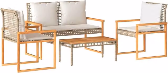 Set Salotto da Giardino 4 pz | Set di Mobili da Esterno con Cuscini Beige Misto Polyrattan
