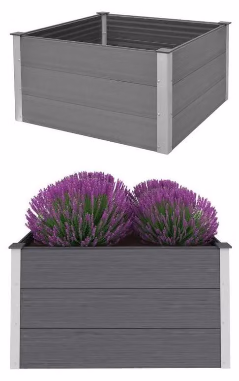Vasca da giardino rialzata, dimensioni 100x100x54 cm, in WPC grigio, dal design moderno e semplice, ideale per il giardino
