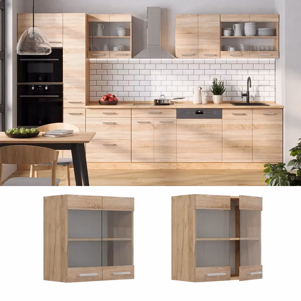 Mobile da cucina pensile Vicco R-Line con ante in vetro, colore Rovere dorato, Grigio e Marrone, L: 60 cm – 2
