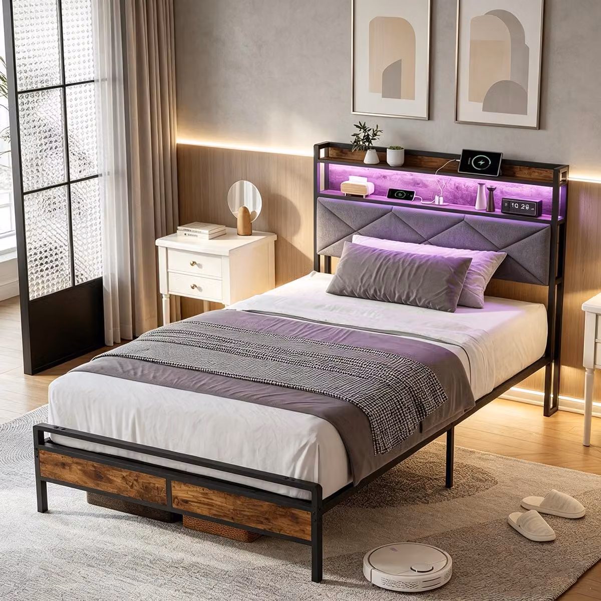 Letto INONEFT, dimensioni 90x200 cm, con illuminazione LED e porta USB-C, struttura in metallo con testiera imbottita e spazio contenitore, letto singolo con rete a doghe e vano contenitore inferiore, colore grigio