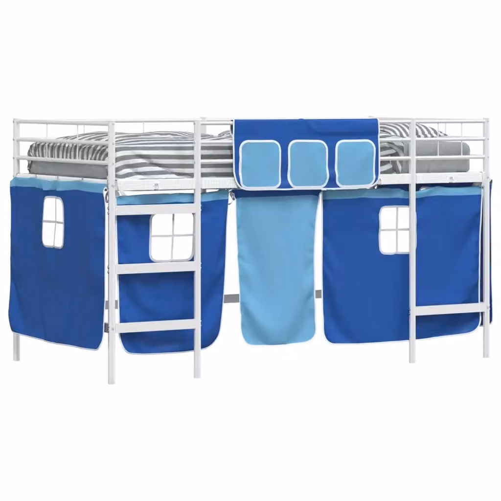 Letto Loft Singolo per Bambini con Scala e Tendine in Metallo Bianco e Blu H 205 x L 105 x P 195 cm – 2