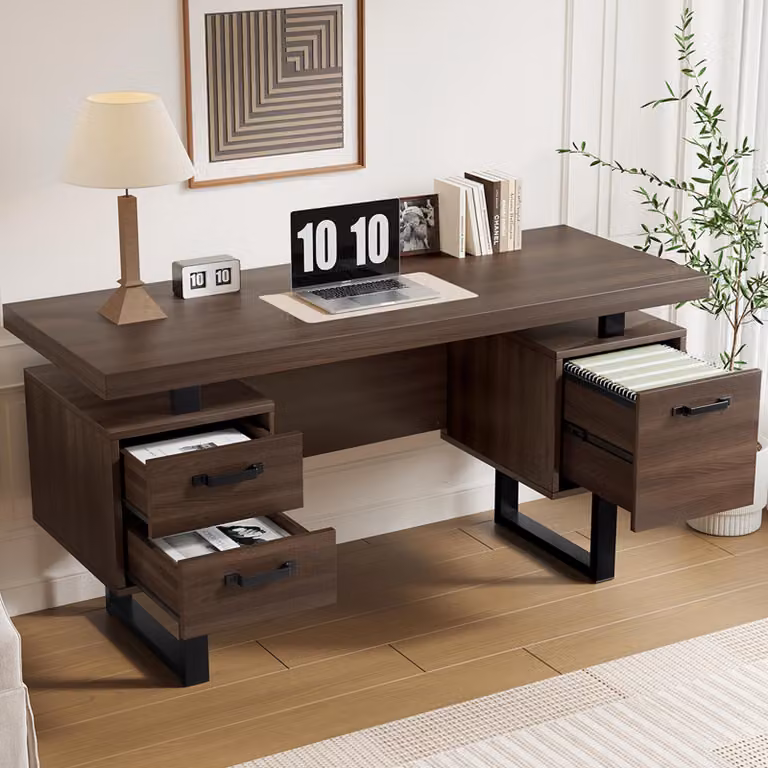 Scrivania semplice Sweiko 135 x 54 cm, MDF e acciaio tubolare di alta qualità, cassetto silenzioso, cassetto portadocumenti, resistente agli spruzzi d'acqua, piano scrivania spazioso, archiviazione efficiente, marrone