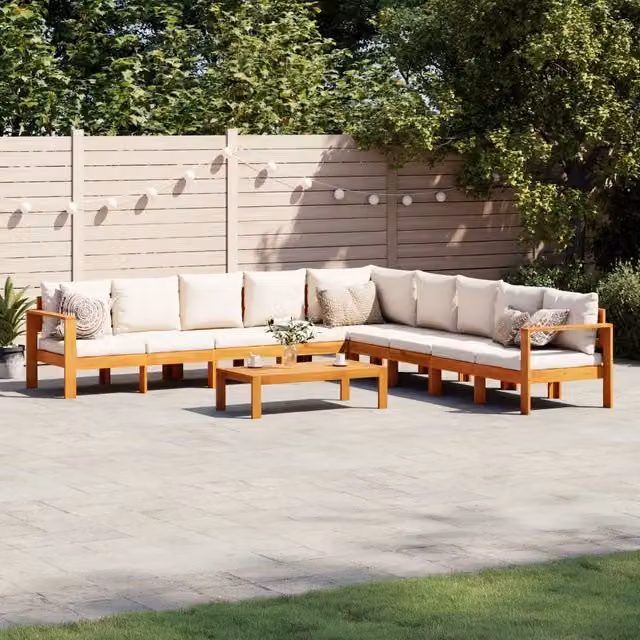 Set Divano da Giardino a L vidaXL in Legno di Acacia con Cuscini Beige e Bianchi, 6 Pezzi