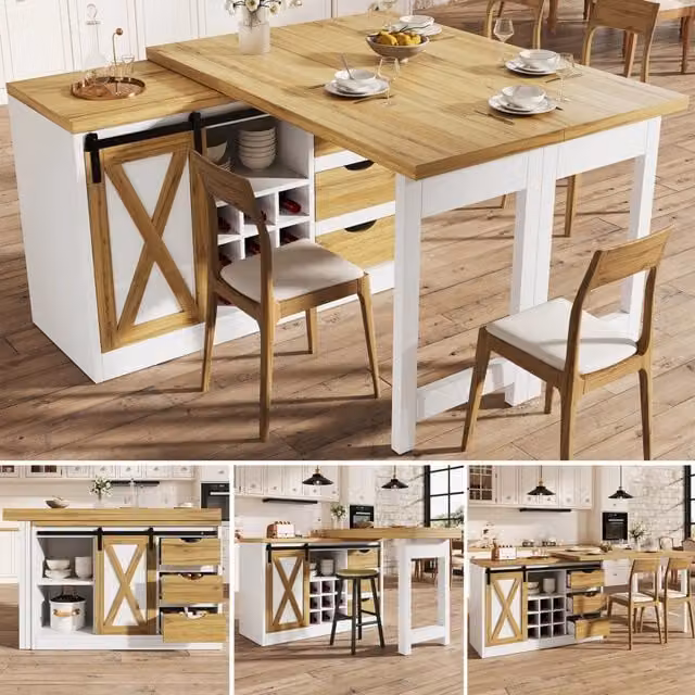 Isola Cucina Multifunzionale con Estensione Tavolo Regolabile, Design Porta Scorrevole, Ampio Spazio con Cassetti e Portabottiglie Estraibile, Credenza da Cucina, 120-197 cm