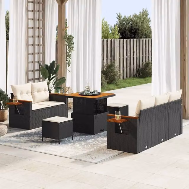Set Divano da Giardino 10 pz 7-Numero di posti Nero e Crema 3365065