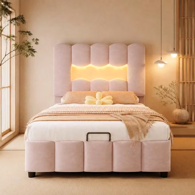 Letto singolo imbottito 90 × 200 cm con vano contenitore idraulico in velluto rosa testiera regolabile LED