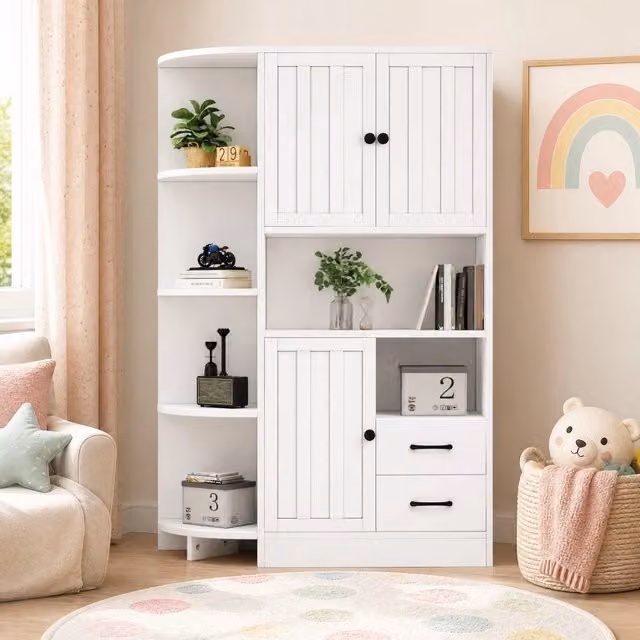 Vetrina angolare da soggiorno Mivray bianca con 3 armadietti, 2 cassetti e 6 vani aperti, design moderno e finitura opaca, L/P/H: 104 x 35 x 155 cm