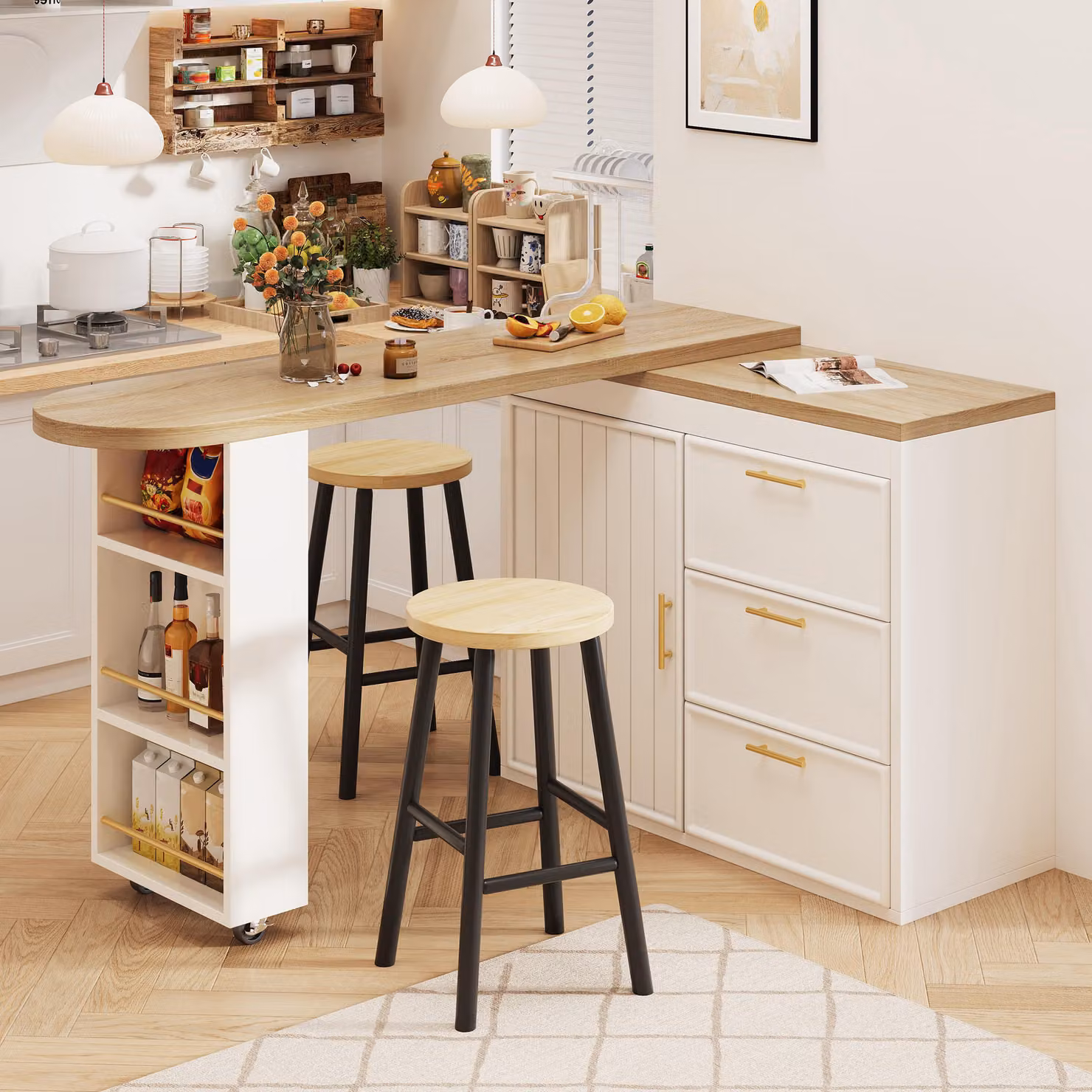 Tavolo da bar Flieks con rotazione a 360°, tavolo alto versatile con ripiani regolabili e sistema antiribaltamento, tavolo da pranzo 128-203 x 39 x 90 cm, bianco