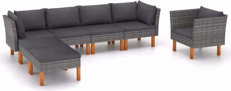 The Living Store Set da salotto da giardino 7 pezzi in poly rattan e legno di eucalipto grigio