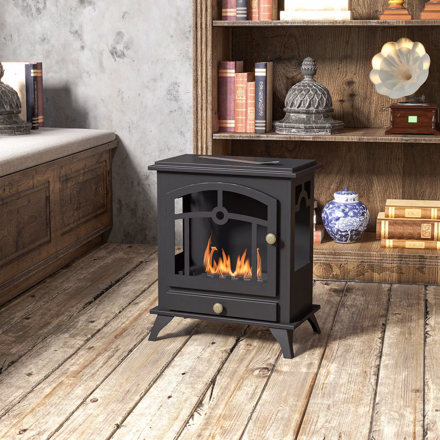 Camino Bioetanolo da Terra HOMCOM in Acciaio Nero con Bruciatore da 1.2L, L 45 cm x P 28 cm x H 54 cm – 2