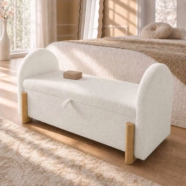 Panca contenitore imbottita Minimal in tessuto bouclé bianco con gambe in legno L 106 cm x P 47 cm x H 61 cm – 1