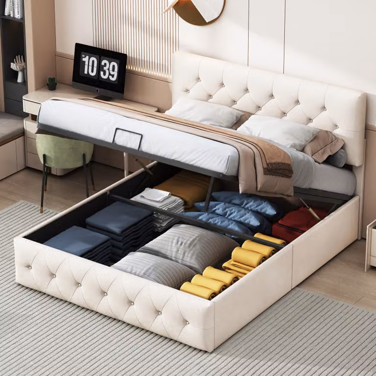 CDGlobal letto imbottito 140x200cm con rete a doghe, letto a molle idrauliche con rete e contenitore, letto matrimoniale in velluto con contenitore letto funzionale, beige