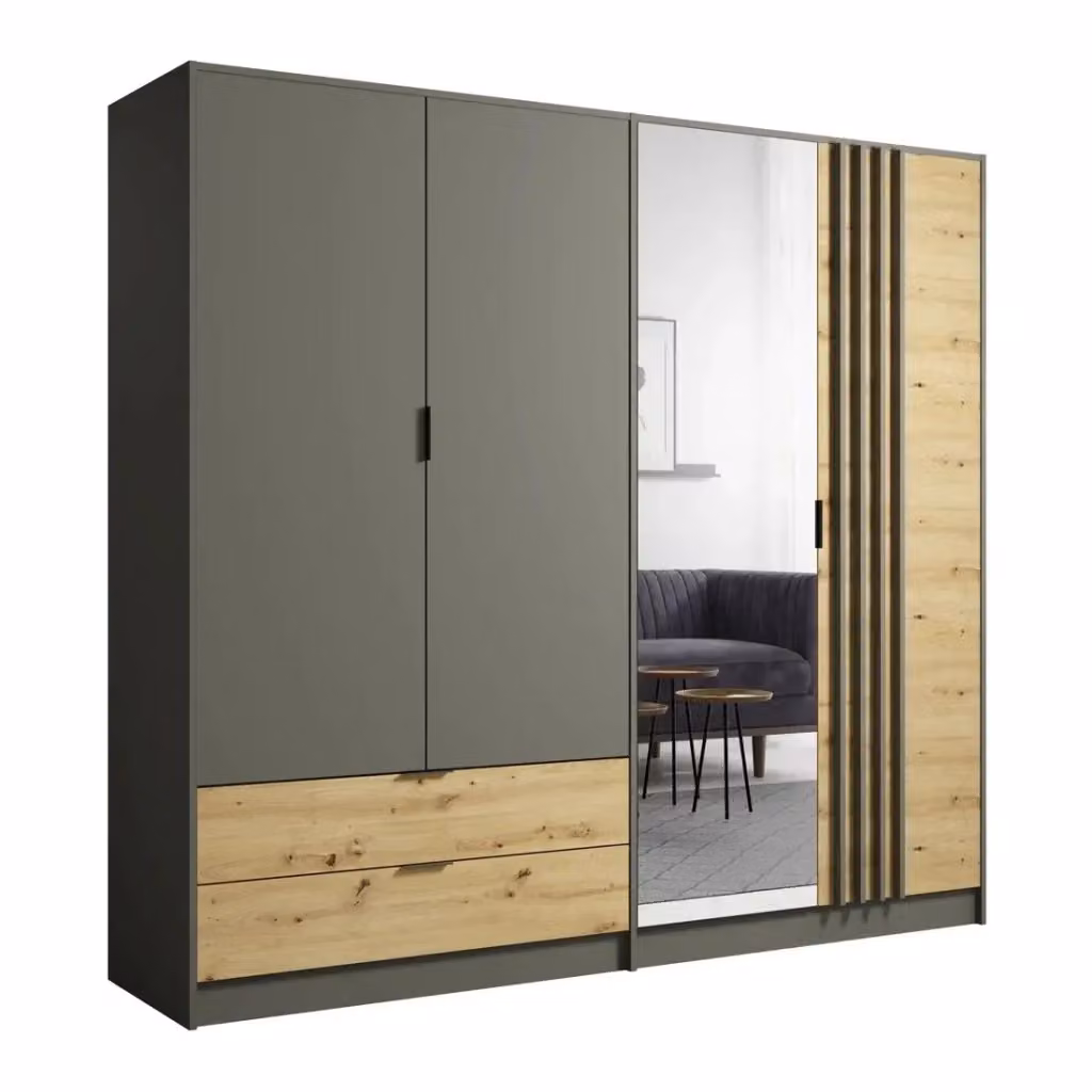 Set camera completa moderna Meublorama design IZO in legno rovere e grigio antracite con armadio, letto 180x200 cm, cassettiera e comodini – 2