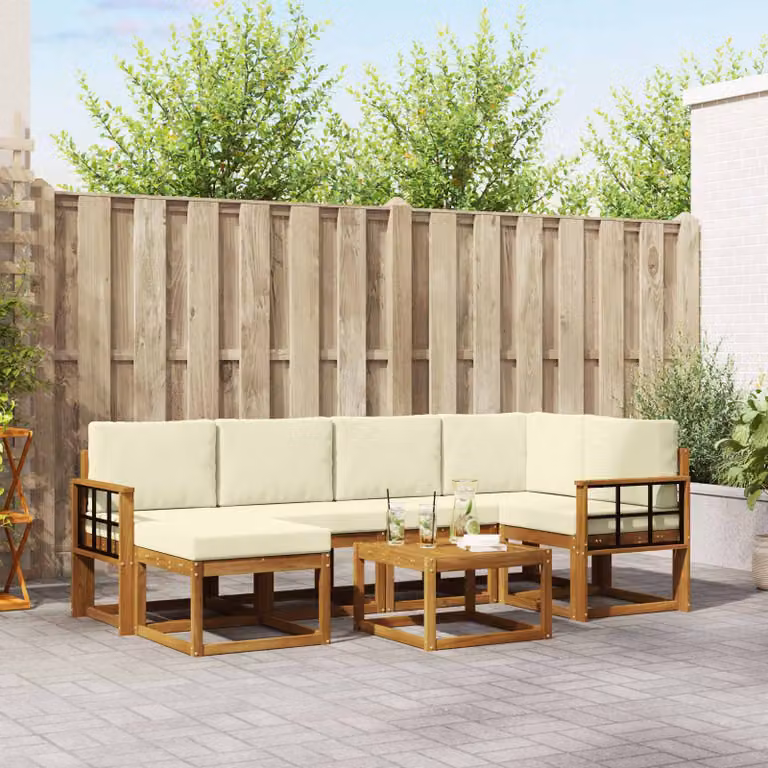 Set di divani da esterno vidaXL 7 pz in legno di acacia con cuscini, colore beige, bianco e marrone