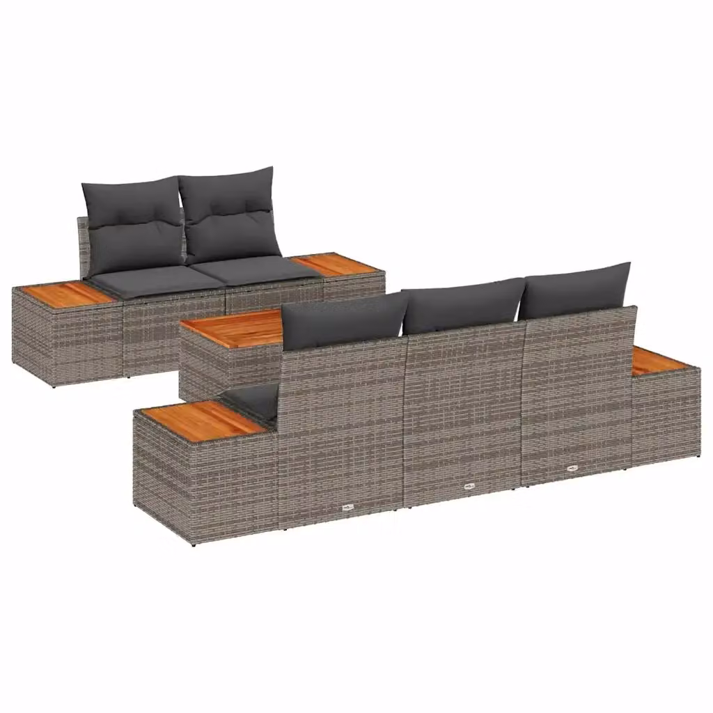 Set Divano da Giardino vidaXL 6 Pezzi in Polyrattan Grigio con Cuscini e Tavolino da Esterno in Legno di Acacia – 2
