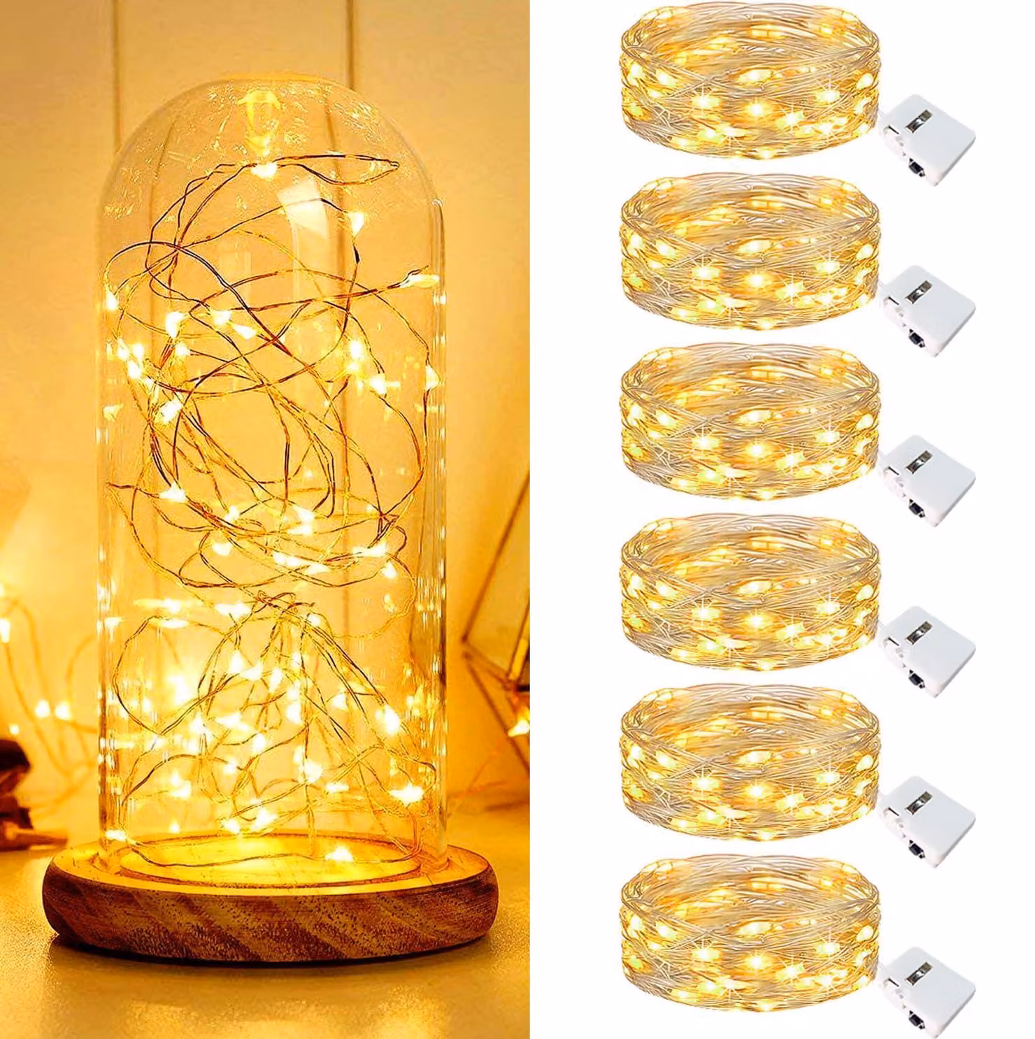 Set di 6 mini luci a LED, lunghezza 2 metri, 20 LED, luce bianco caldo, alimentazione a batteria