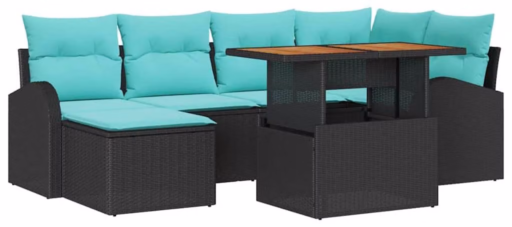 Set da giardino composto da 7 pezzi, colore nero, realizzato in rattan sintetico