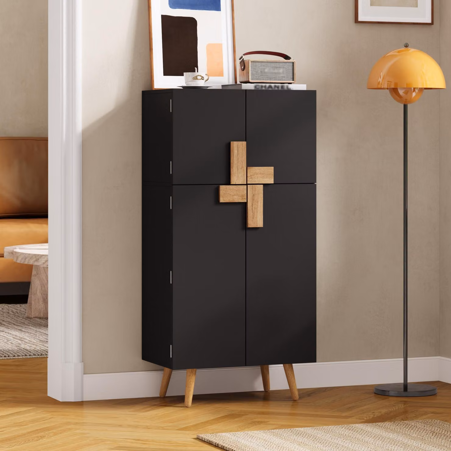 Mobiletto da cucina MODFU, 60x35x120 cm, dispensa con ripiani regolabili, mobiletto alto contenitore con 4 ante e ripiani portaoggetti, colore nero