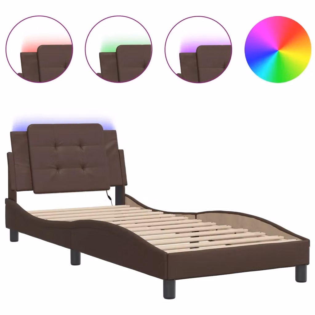 Letto con base rigida e illuminazione LED vidaXL, rivestimento in ecopelle marrone con porta di ricarica USB, L 80 x P 200 cm – 2