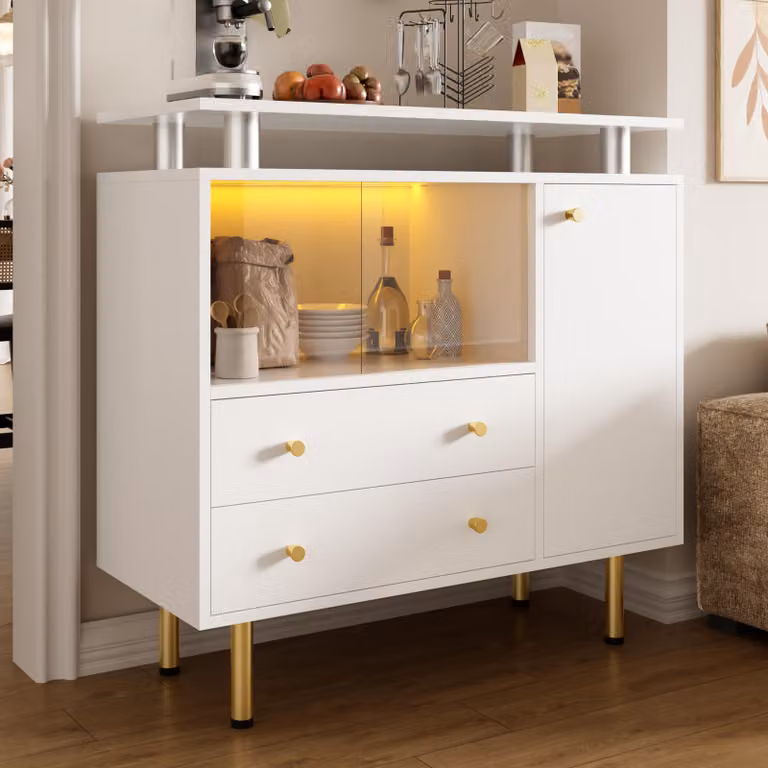 Credenza Merax con ante scorrevoli in vetro a LED, comò moderno con 2 cassetti e un'anta, mobile contenitore per soggiorno, ingresso e sala da pranzo, bianco